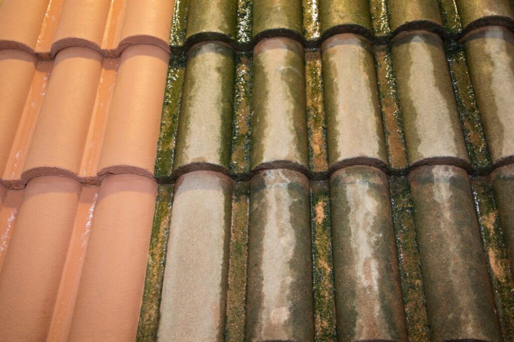 after and before Roof cleaning with high pressure water cleaner tile - Rensfliser - Rensfliser